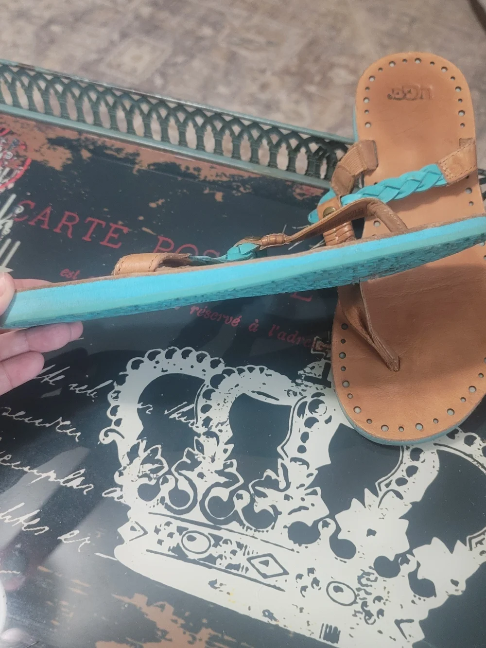 UGG Women’s Tan Leather Sandals with Turquoise Braid